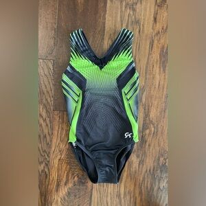GK Elite GymTek Striking Contender leotard in black and fluorescent lime green